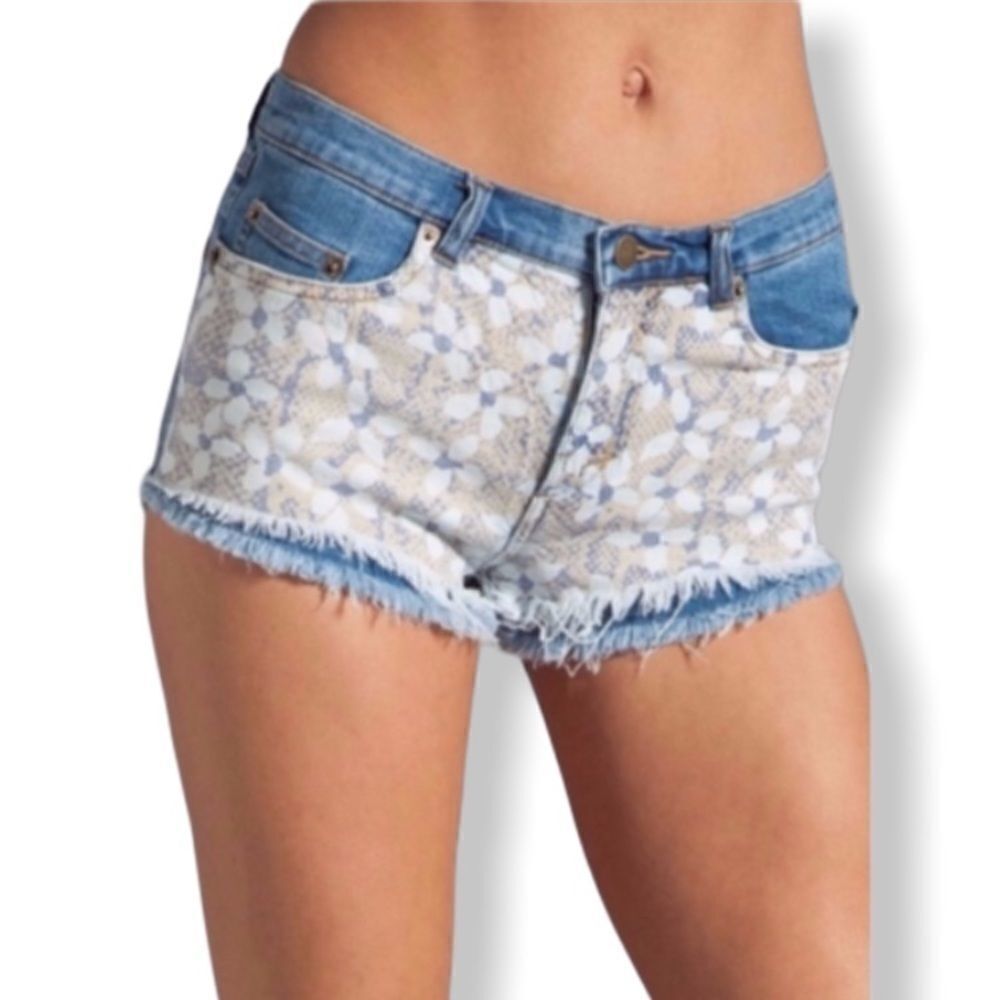RVCA Women's Two-Tone Blue Floral Denim Jean Shorts